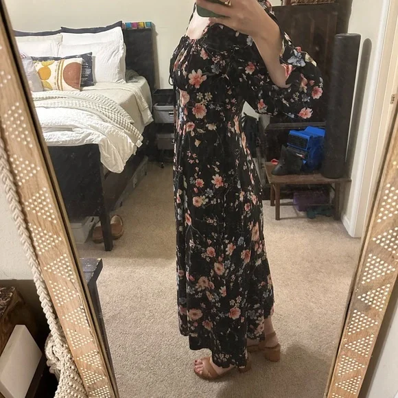 SHEIN Black Flowered Ruched Bust Midi Dress, Size L, NWOT - Picture 3 of 6